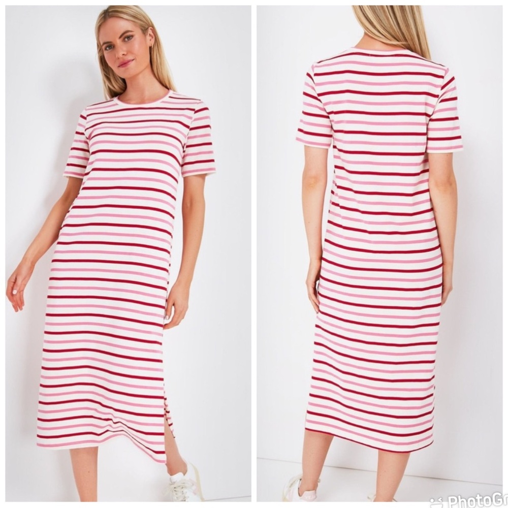 Pomander Place Pink and White Striped Midi Dress